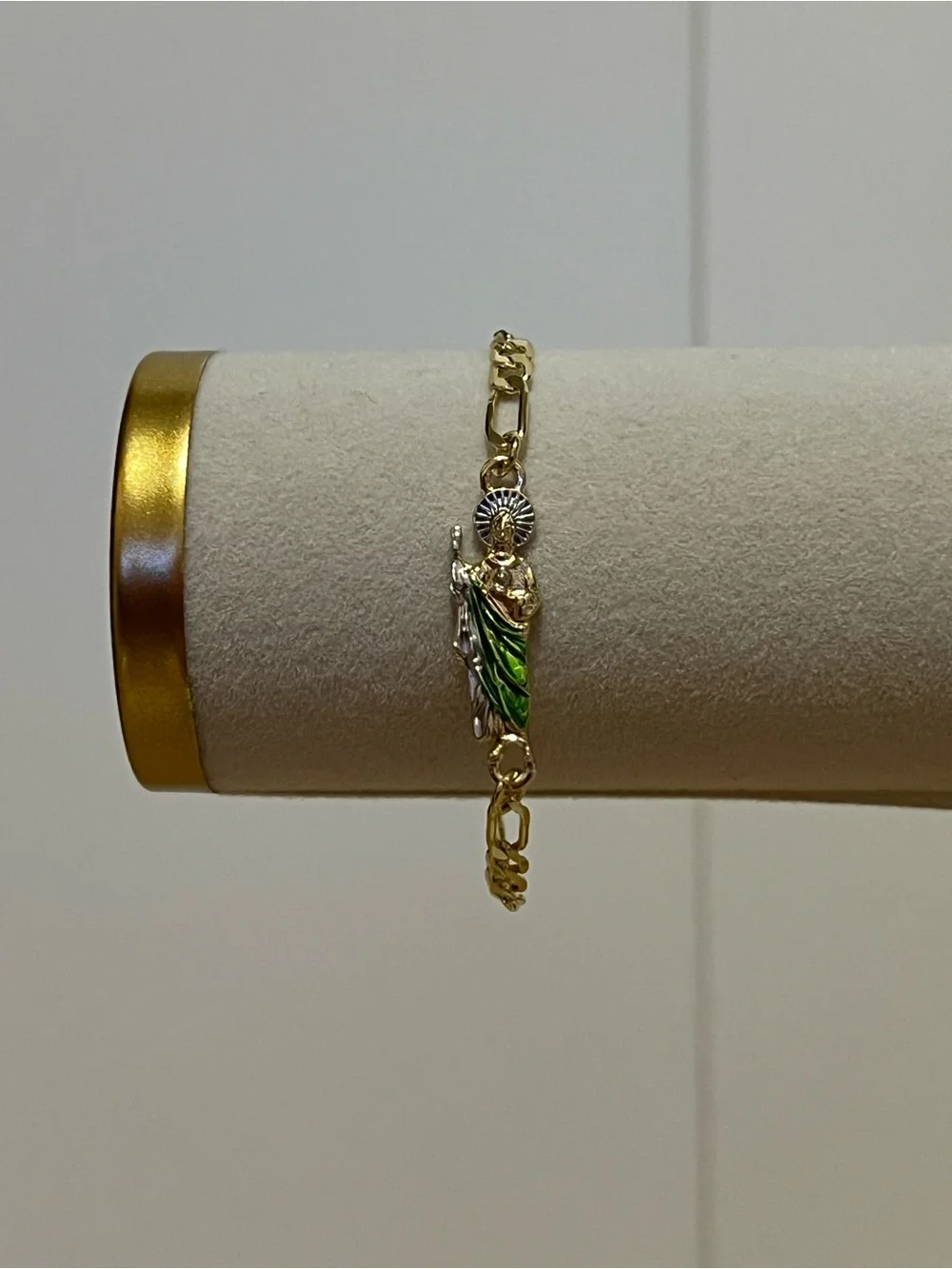 Gold-Tone Saint Charm Bracelet with Green Enamel
